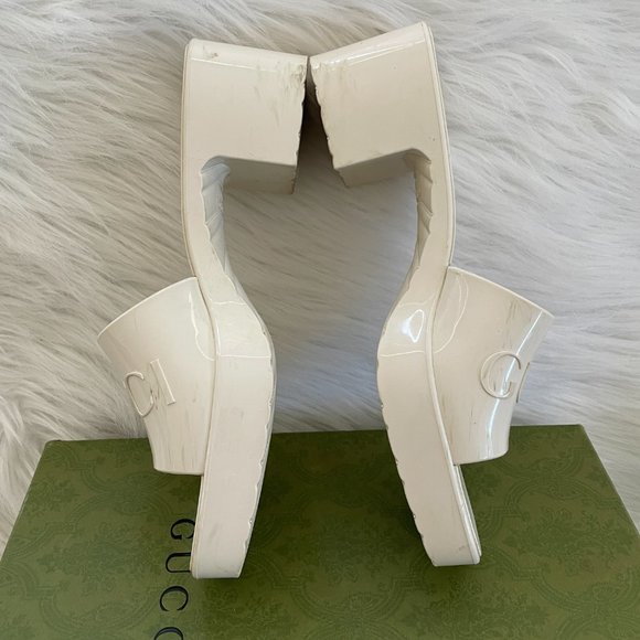 Gucci Plastique Logo Embossed Rubber Jelly Mules White Platform Slide Sandal 40